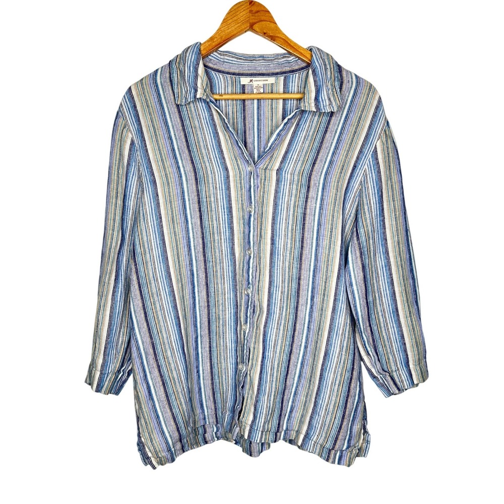JM Collection Linen Striped Button Front Shirt 16 Blue Coastal Blouse Workwear
